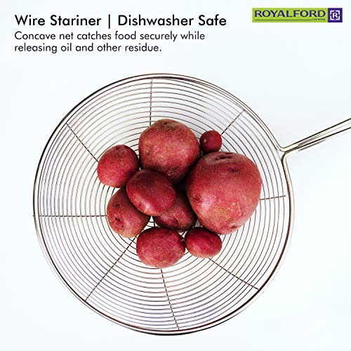 Royalford Stainless Steel Skimmer - Stainless Steel Wire Skimmer Spoon with Handle for Kitchen Frying Food, Pasta, Spaghetti, Noodle, Fries – Hot Pot Net Drainer/Strainer Ladle Strimmer – 11.5 CM
