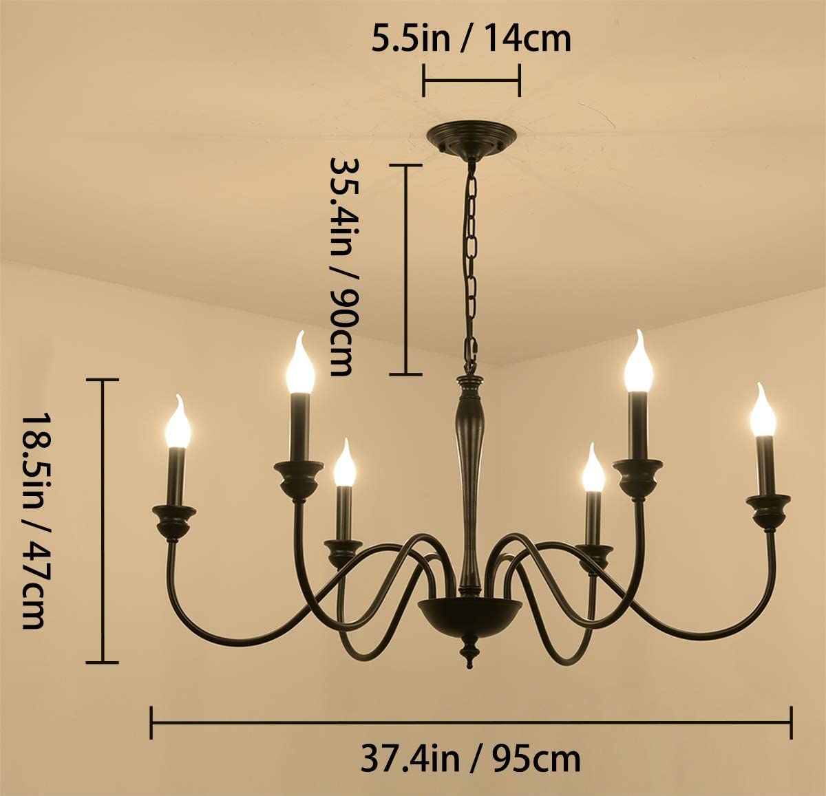 Ganeed French Country Chandeliers,6 Lights Bronze Candle Iron Chandelier,Vintage Metal Pendant Light Fixture Hanging Lighting (6-Lights,Black-2)