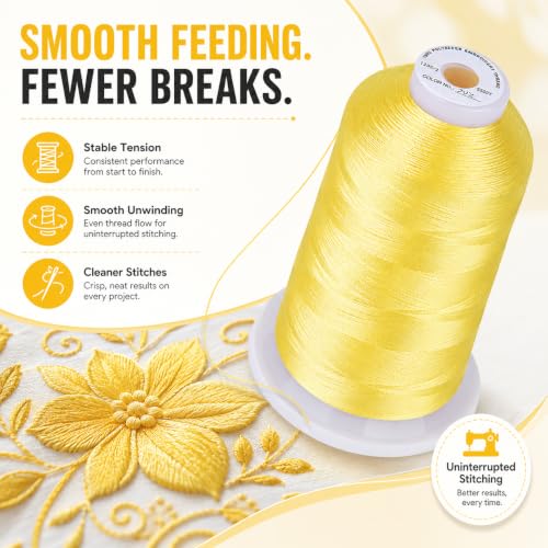 Image of Simthread 5500Yds /5000M 40WT Polyester Embroidery Thread Lemon Yellow 202 | High-yardage 5000M spool offers smooth feeding and stable 40WT polyester thread for home and commercial embroidery machines.