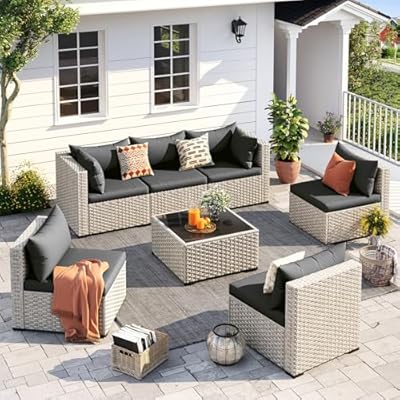 UDPATIO Outdoor Patio Furniture Set, 7-Piece Modular Sectional Sofa with Tea Table, PE Wicker Outdoor Conversation Set for Patio, Garden, Backyard Black
