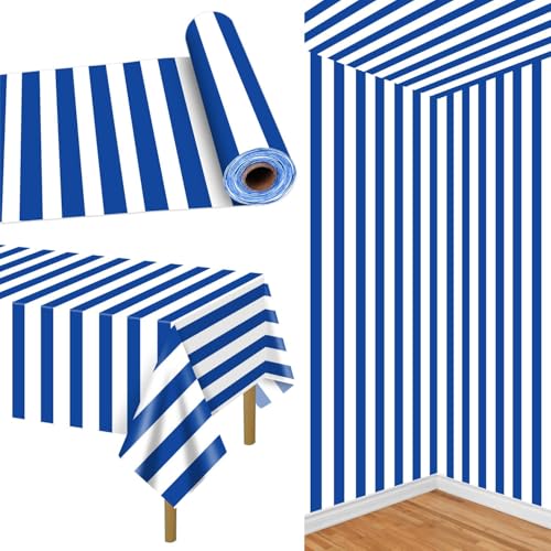PIXHOTUL Blue and White Striped Tablecloths Roll 100 Ft Nautical Tableccover Blue Stripes Plastic Table Decorations for Nautical Ocean Theme Party, Boy's 1st Birthday
