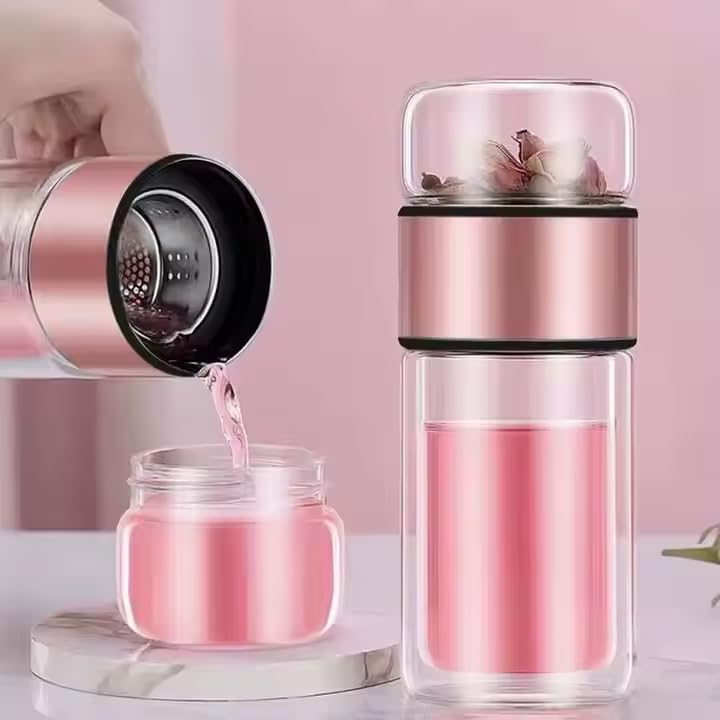 Image of 350ML Double-Layered Insulated Glass Tea Infuser Bottle | Tea & Water Separation Design for Loose Tea, Detox, & Fruit Water | Portable Glass Cup for Travel, Camping & Gifting