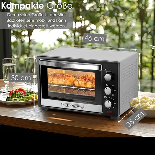 Steinborg® Mini Backofen 25 Liter Miniofen Elektro – Pizzaofen Tischbackofen 3-in-1 mit Ober-/Unterhitze & Umluft Konvektion, 1600 Watt Minibackofen mit 60 Min Timer & Krümelblech – Bild 3