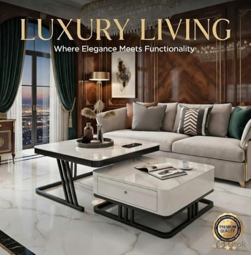 Image of Two Square Stacking Nesting Coffee Tables with Metal Frames, Wooden Tops, and Handcrafted Drawers Make up This Contemporary Centre Couch Table for Living Rooms bedrooms, & Apartments (Bk Wht)