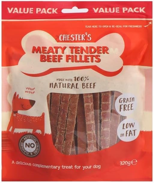 Chester’s Meaty Chewy Natural Dog Treats Variety Pack 320g | Grain Free High Protein Dog Chews | Healthy Training Rewards for Puppies, Small & Large Dogs (Chester’s Tender Beef Fillets)