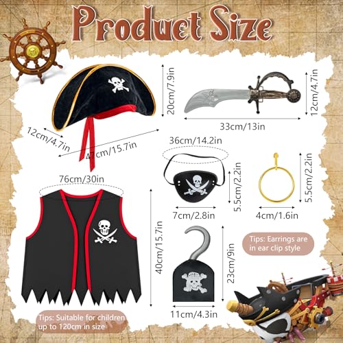 Bryndo Kids Pirate Costume Set Boys Pirate Captain Dress Up Kit with Hat Vest Sword Hook Eye Patch Earring Fancy Dress for Halloween Birthday Party Role Play - Image 2