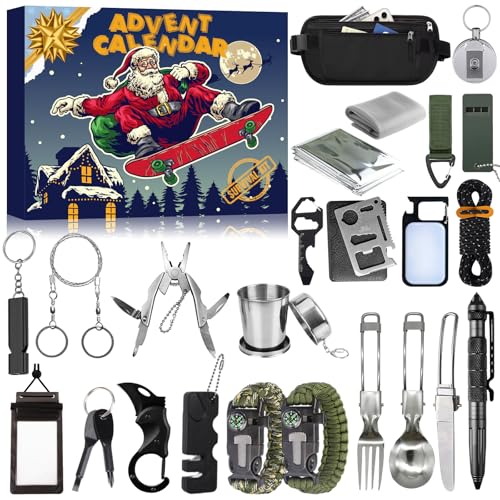 2025 Weihnachtskalender Männer Survival Kit Adventskalender für Herren Enthält 24 Camping Wanderwerkzeuge und Coolen Gadgets Weihnachts Geschenk für Papa Ehemann Freund Abenteurer