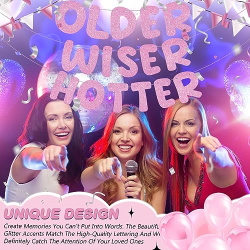 Image of Fulmoon Set of 3 Pre Strung Older Wiser Hotter Glitter Banner Funny Birthday Banner for Women 30th 40th 50th 60th 70th 80th Birthday Party Decorations Sign Gift(Pink)