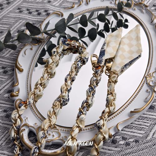 47.2IN Purse Straps Replacement Crossbody Straps Elegant Stylish Metal Silk Scarf Woven Bag Chain for DIY Purse Handbag Shoulder Crossbody Bag (Apricot Flower Style)
