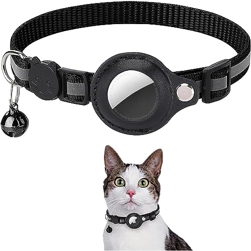 LYQNIHOB Collar para Gato con Airtag Reflectante y Seguro, Cascabeles y Hebilla Incluye Holder Impermeable para Apple Airtag Ajustable y Disponible en Negro ¡Protege a tu Gato con Estilo!