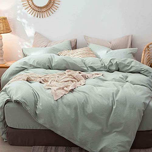 Sage Green Washed Cotton Duvet Cover Boho Bedding Set Linen