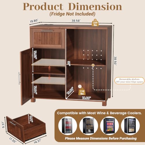Image of 38.6 inch Long Fluted Mini Fridge Cabinet with Power Outlet & Drawer, Walnut