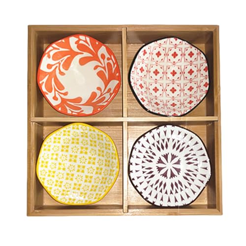 小皿 豆皿 セラミックディッピングボウルトレイ和食器 薬味皿 小鉢 小さめ 仕切りトレー 蓋付き 竹製 トレイ トレー 深型 仕切り付き セラミックディップセット デザート タレ皿 醤油皿 菓子皿 前菜皿 副菜皿 漬物皿 火鍋 焼肉屋 寿司屋 (四宮格,B