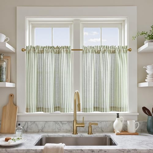 TOPICK Tende a righe in lino con strisce, opache, per cucina, sala da pranzo, bagno, piccola finestra, 65 x 60 cm, verde su beige
