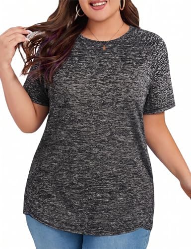 Hithymo Plus Size Tshirts for Women Loose Fit, Womens Workout Tops Crewneck Tunic Length Quick Dry Lightweight Breathable Sweat-Wicking Short Sleeve Gym Clothes Dark Grey