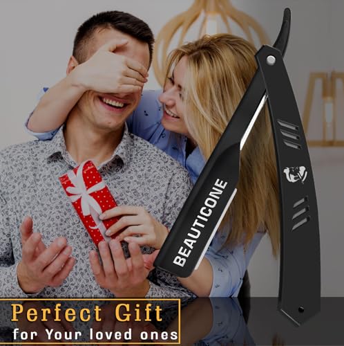 Image of BEAUTICONE Barber Straight Razor for Men - Professional Shavette with Slide-Out Blade Holder, 20 Stainless Steel Blades Included, Cut Throat Razor, All Black