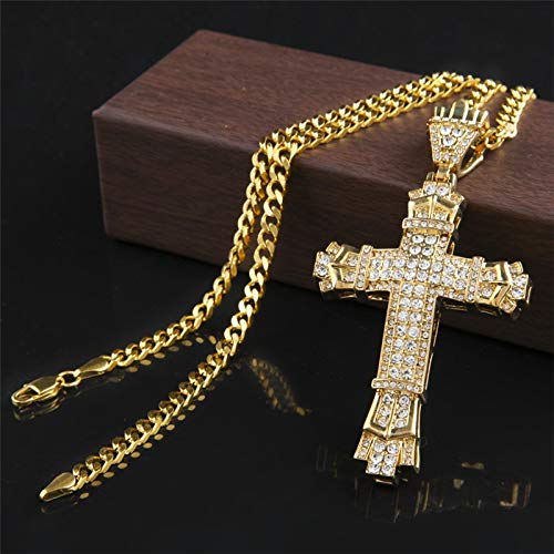 Men's Fashion Jewelry 18K Gold Plated Diamond Stainless Steel Cross Pendant Necklace Chain