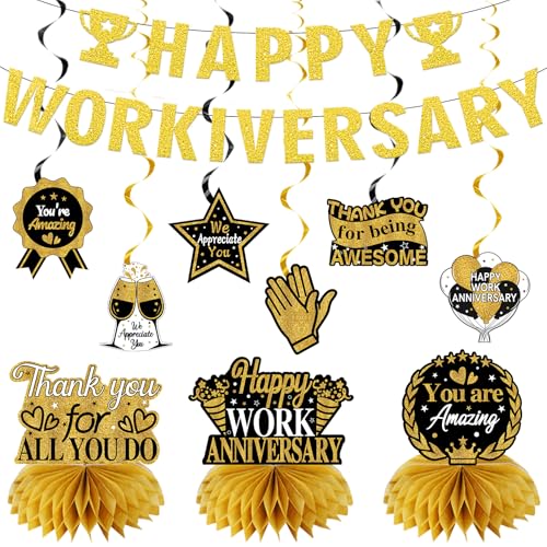Zirtorei Happy Workiversary Decorations for Men Women Employee 11pcs Black Gold Work Anniversary Banner Party Supplies Workiversary Honeycomb Centerpieces Hanging Swirls Business Gift for Office