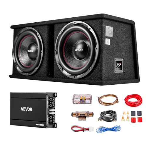 VEVOR Dual 12 Enclosed Powered Subwoofer 2400W Peak Massive Bass Output with Separate Amplifier Complete Car Audio Subwoofer and Amp Package for Trucks SUVs