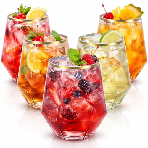 Oojami 40 count Diamond 12 Ounce Gold Rim Cups Unbreakable Stemless Plastic Wine Champagne Whiskey Glasses Elegant Durable Disposable Indoor Outdoor Ideal for Home, Office, Bars, Wedding (Gold)