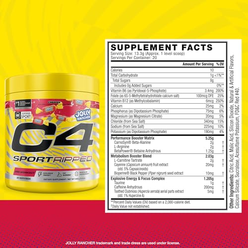 Image of C4 Sport Ripped Pre Workout Powder - Jolly Rancher Cherry - NSF Certified for Sport - Elite Hydration - 200mg Caffeine + Creatine + Beta-Alanine - Electrolytes and Energy - 20 Servings