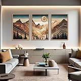 HLNIUC Large Mountain Wall Art Set of 3, Tree Ring Wood Nature 16'x24' Framed Wall Decor, Rustic Desert Canvas Painting, Brown Abstract Landscape Art Print for Living Room, Bedroom, Office