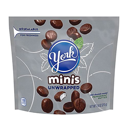 YORK Minis Dark Chocolate Unwrapped Peppermint Pattie Candy, Gluten Free, 7.6 oz Resealable Pack