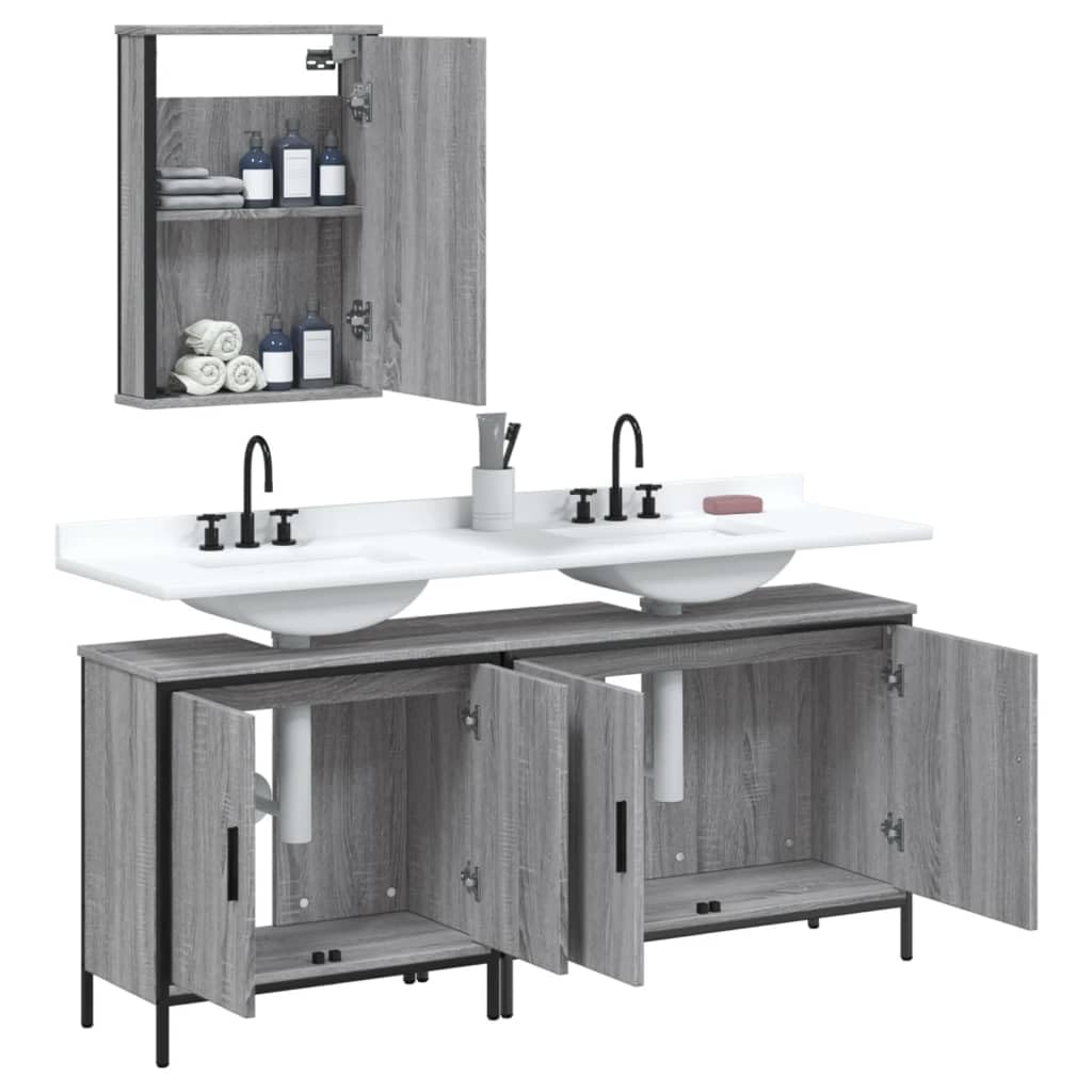 SYDE Set Muebles de Baño 3 Pzas Madera Gris Sonoma | Con Espejo, Montaje en Pared, Resistente a Humedad, Amplio Almacenaje