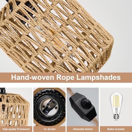 Image of Plug in Pendant Light with 6W LED Bulb Warm light(3000K)Dimmable Switch Cute Rattan Hanging Lamp Cord 15ft Hand Woven Wicker Plug in Chandelier Boho Hanging Lights Fixture for Bedroom kitchen