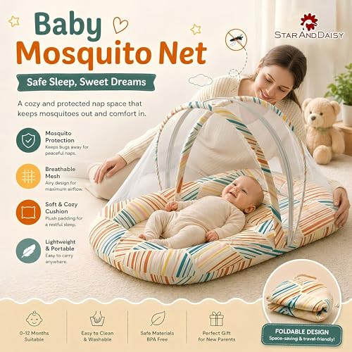 Image of StarAndDaisy 3 in 1 Baby Nest Mosquito net for Sleeping - Newborn, Mosquito net for Baby /Soft and Comfortable, Washable Cotton Design for 0-12 Months Baby (Check Print)