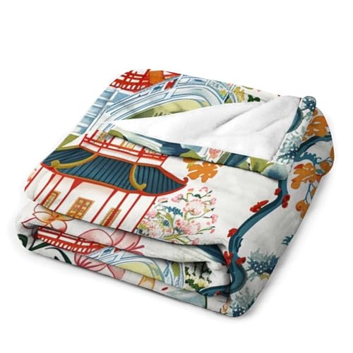 Masiledy THROW BLANKETS Chinoiserie Chic Asian Pagoda Blanket Asian Style White Coral Blue Summer Throw Blanket 50 Inchx60 Inch Flannel Fleece Throw Blanket thumb #2