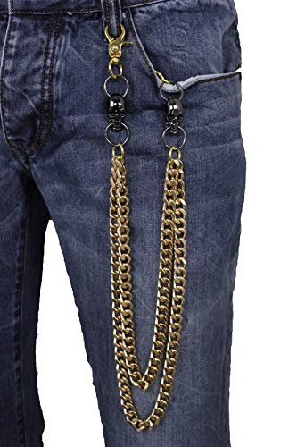 TFJ Men Gold Wallet Chain Links Biker Gothic Black Skull Charm Long 2 Strands3