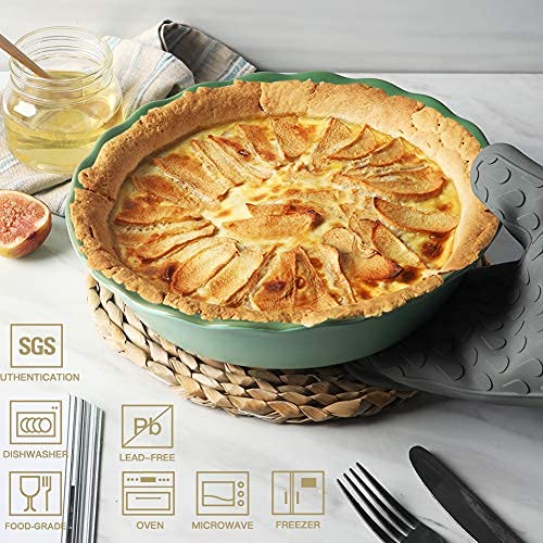 Sweejar Ceramic Pie Pan For Baking, 10 Inches Round Baking Dish For Dinner, Non-Stick Pie Plate With Soft Wave Edge For Apple Pie, Pumpkin Pie, Pot Pies (Green) #TOP4