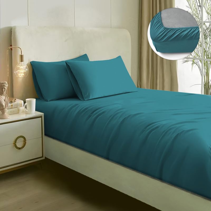 Naksh Elastic Fitted Bedsheets King Size 78 x 72 Inch, 210 TC Plain Pure Cotton, Teal | 1 King Size Bedsheet with Elastic Fitted and 2 Pillow Covers (B0C89NMZFC) Amazon Price History, Amazon Price Tracker