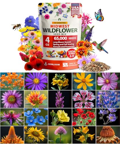 Image of HOME GROWN Midwest Wildflower Seeds Mix | 65,000+ Heirloom Perennial Flower Seed for Attracting Bees, Birds & Butterflies | High Germination Bulk Planting | 4 oz