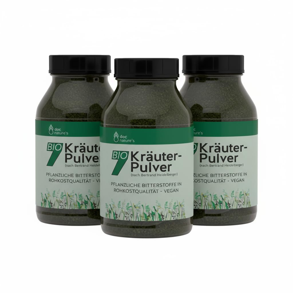 doc nature's Bio-7-Kräuterpulver 3 x 150g | nach Bertrand Heidelberger | Pflanzliche Bitterstoffe in Rohkostqualität | vegan | Gesund & Leben Qualität