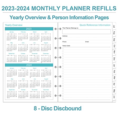 2023-2024 Monthly Planner Refill, 18 Months Planner Runs From July 2023 To December 2024, Two Pages Per Month, 8-Disc Discbound Refill Planner With Tabs, Junior Size, 5.8" X 8.3", Leaf #TOP3
