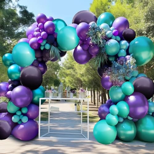 Image of Purple Teal Balloon Garland Double Stuffed Dark Purple Blue Turquoise Green Lavender Lilac Mermaid Balloon Arch Kit for Birthday Wedding Bridal Baby Shower Graduation Summer Party Decorations
