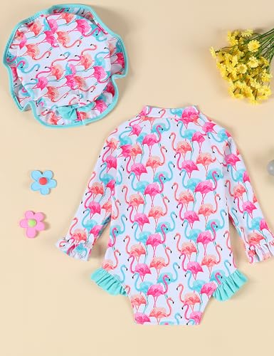 Puseky Newborn Baby Girls One Piece Swimsuit Zip Rash Guard With Hat Set Long Sleeve Baby Girl Flamingos Bathing Suit 12-18 Months thumb #2