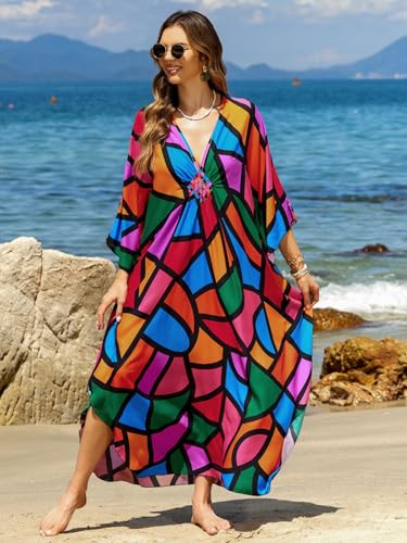 Image of IMAGEKOPE Women's Plus Size Animal Print V-Neck Batwing Kaftan Beach Dress Bathing Suit Cover-Up Loungewear