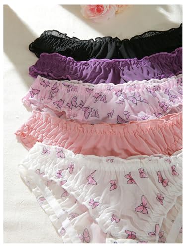 Image of GORGLITTER Women's 5pack Cute Panties Floral Print Low Rise Frilly Panties | Low Waist Underwear Set, Bow Lettuce Trim, Coquette Clothes