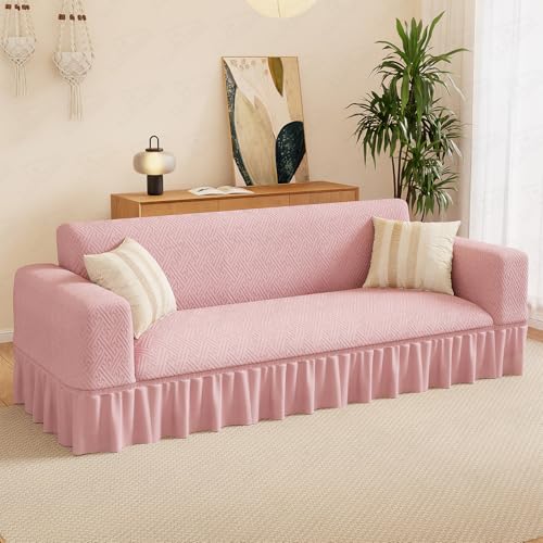 Image of Lukzer 2 Seater Jacquard Sofa Cover with 360 Frill Skirt - Pastel Pink Grid Maze | 240 GSM Stretchable Anti-Slip Fully Covered Universal Couch Cover for Living Room (140-180CM /SC-108-02F)