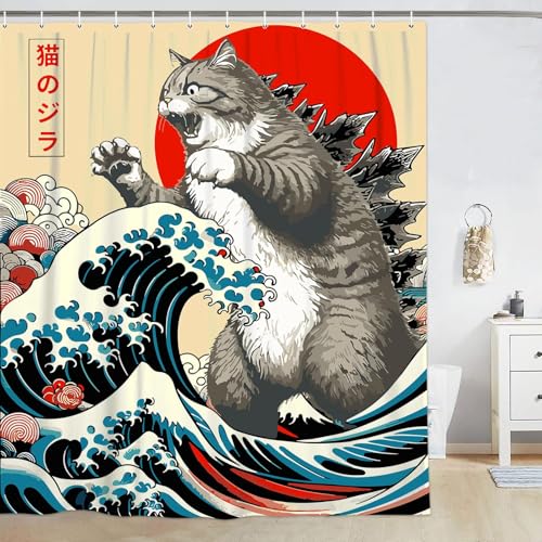 Image of Funny Japanese Cat Shower Curtain,Vintage Cat Art Japan Sunset Waterproof Shower Curtain with Hooks, Fabric Shower Curtains for Bathroom Decor 36X72inches