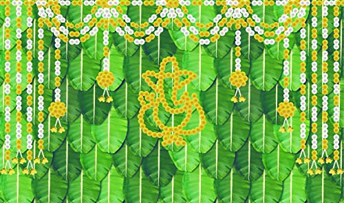 Image of Banana Leaf with Garland Marigold Flower's Ganesh Ji Design Backdrop Cloth for Pooja Decoration Traditional Background Curtain Cloth for Festival Size 5Feet Height and 8Feet Width (5 * 8)