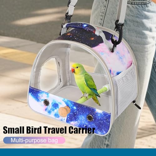 Image of Small Bird Travel Carrier Cage Bag for Parakeet, Budgies, Cockatiel, Conure, with Clear Windows, Galaxy Print