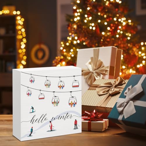 Image of Winter Ski Decor, Hello Winter Wood Box Sign, Farmhouse Christmas Snow Decoration for Home Office Table Shelf 5 X 5 Inches