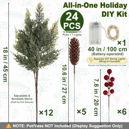 24 Piece Set: 12Pcs Christmas Cedar Branches with LED Lights, Red Berries - image 4