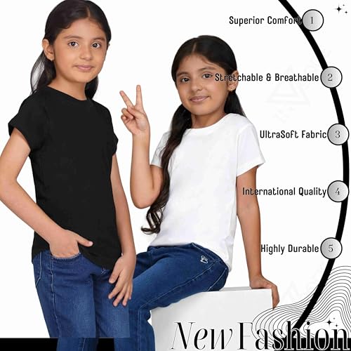 Image of Kids Round Neck T-Shirt Half Sleeves 100% Cotton Rich Soft Comfortable Fit Stylish Plain Color 1+1 Combo Original Brand Tshirt for Girls