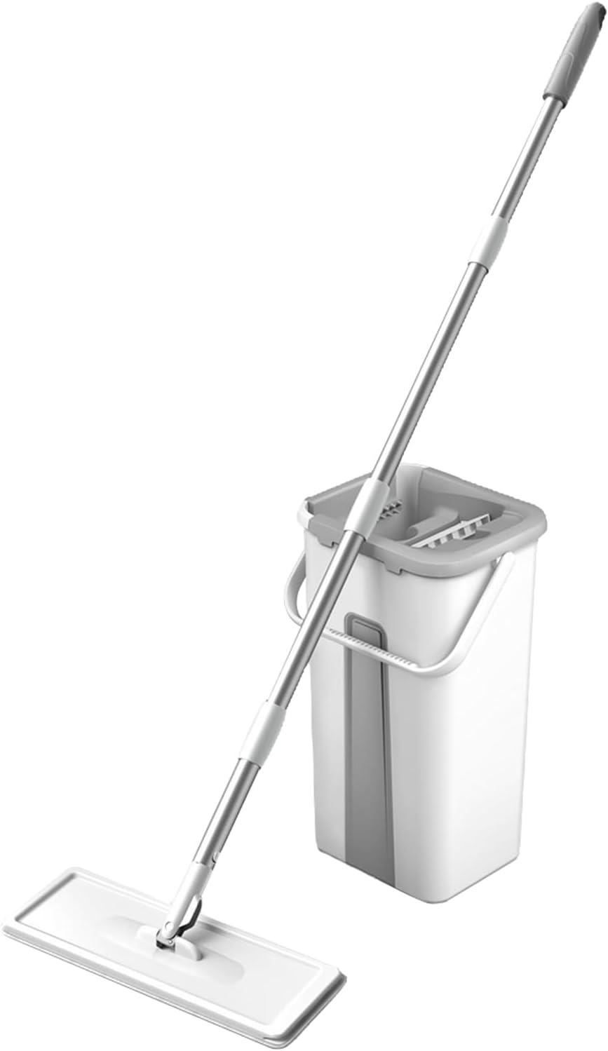 White Microfiber Flat Mop and Bucket Set for Wet and Dry Use