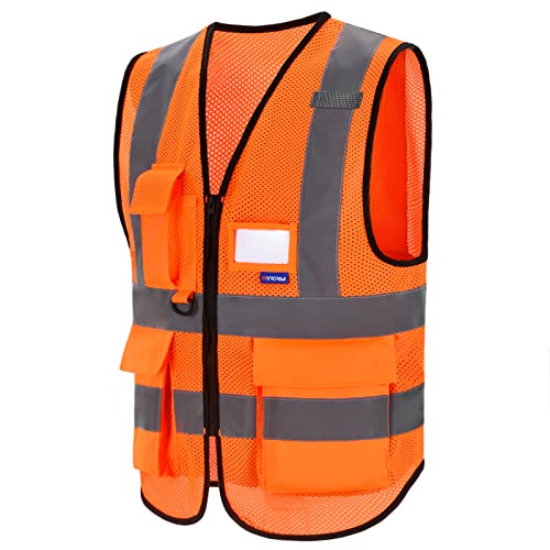 Image of ANSI /ISEA Standard Class 2 Hi-Vis Vest, Clear ID, Zip, Orange, XL | Orange XL Class 2 breathable mesh vest with reinforced pockets, black front zipper and clear ID holder for utility work.